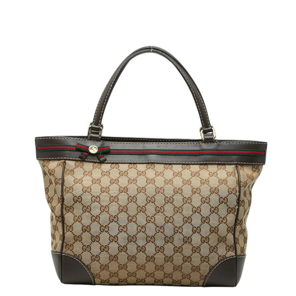 Gucci GG Canvas Sherry Mayfair Tote Bag Shoulder Bag Beige Cream Brown Leather